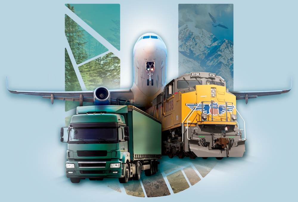 Train, truck, and airplane overlaid on the UIPA logo