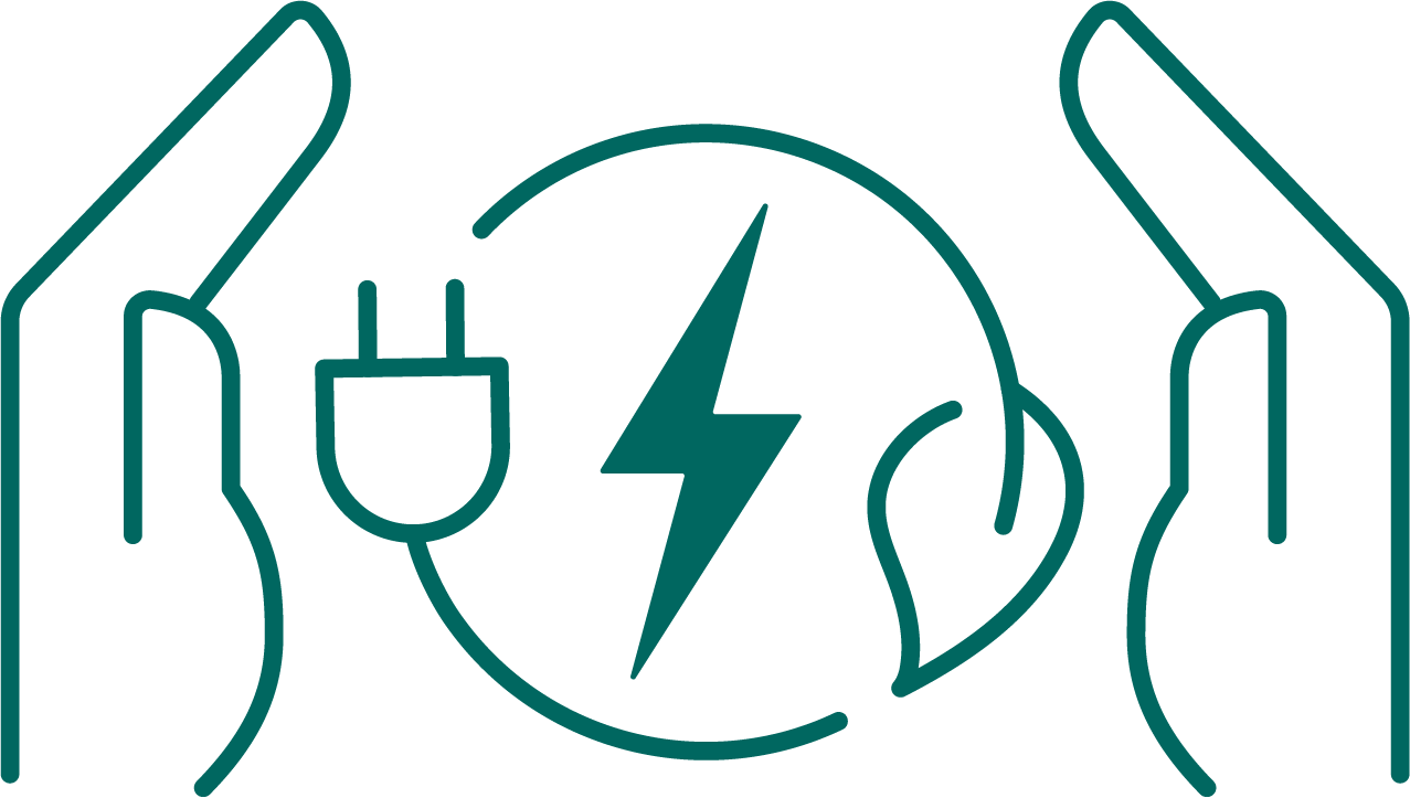 graphic of hands cupped around electric charging symbol