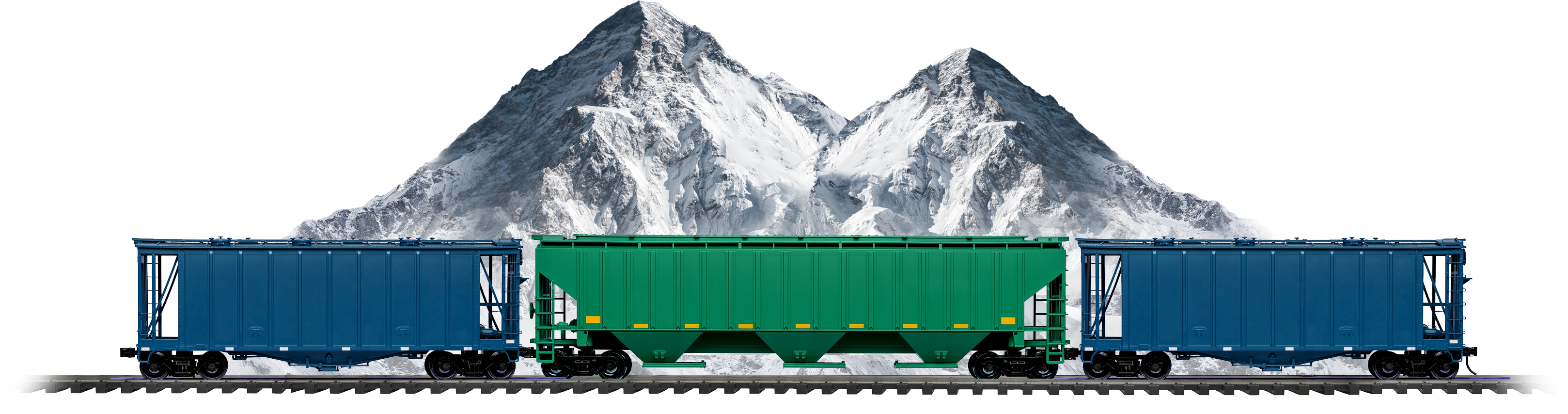 Train passing in front of snowy mountains